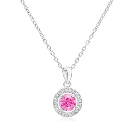 Tilo Jewelry 925 Sterling Silver CZ Halo Birthstone Pink Pendant Necklace 16 Inch | October-Tourmaline | Women & Unisex