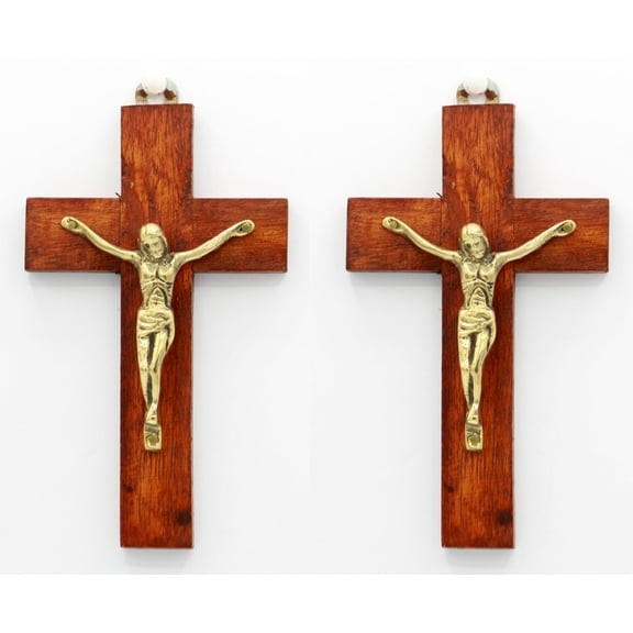 Pair of 6" Height Handmade Wood and Brass Jesus Christ On The Cross Wall Hanging Crucifix Plaque