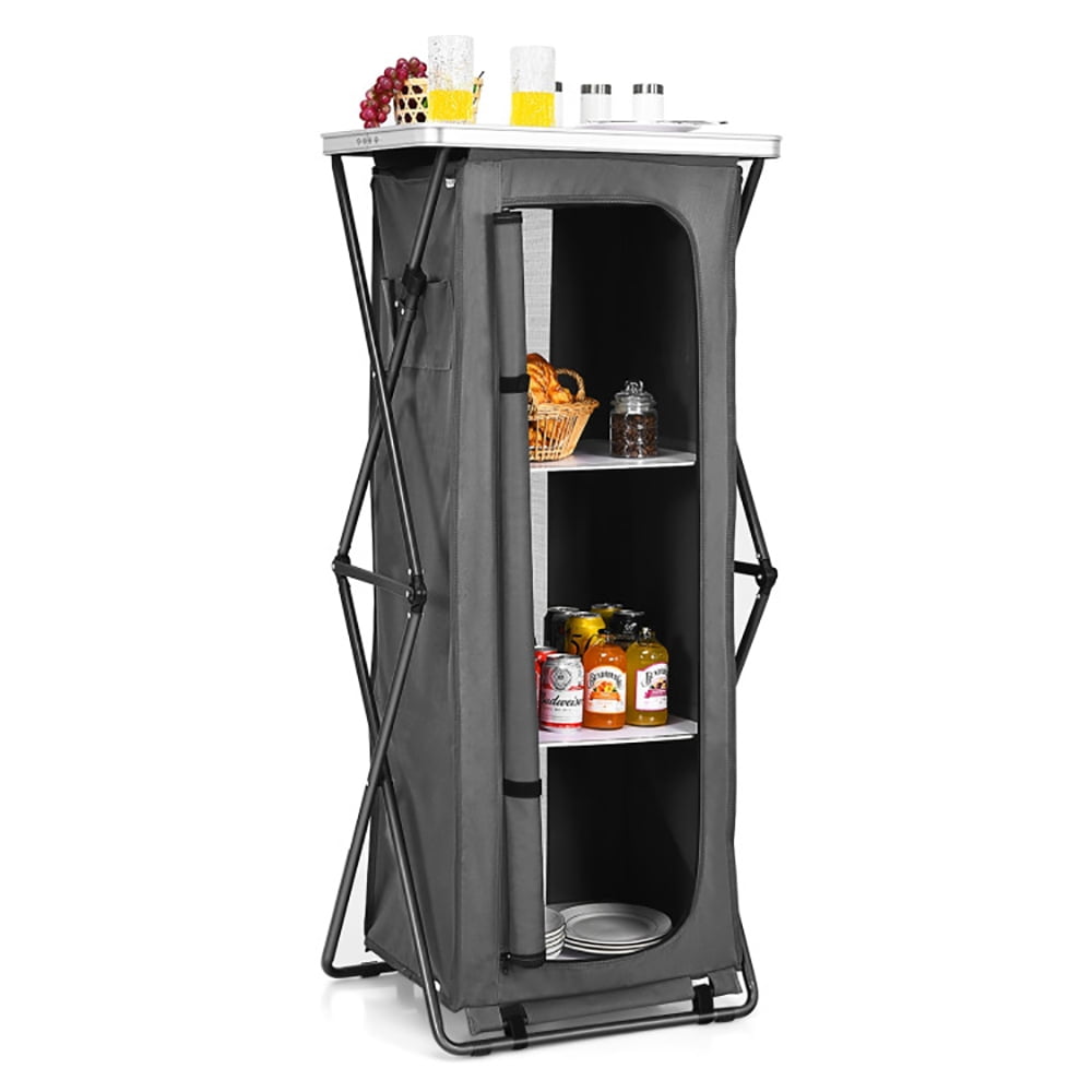 Aimee Lii Folding Camping Storage Cabinet with 3 Shelves and Carry Bag, Easy Set Up Portable Camping Kitchen, Gray-XL