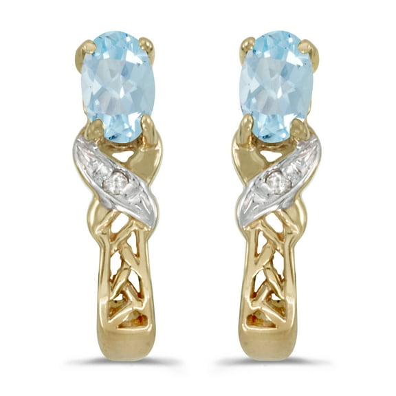 10k Yellow Gold Oval Aquamarine And Diamond Earrings