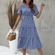 thumbnail image 2 of Vestido largo Vestido con estampado de cuadros Manga de hoja de loto Gran swing Ocio Vestido de una pieza para verano Azul purpúreo XL, 2 of 6