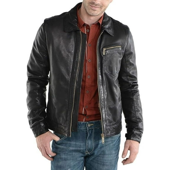 Men's Genuine Lambskin Leather Jacket Motorcycle Biker Zipper Jacket A026