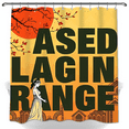 thumbnail image 1 of Stunning A LAGIN RANGE Shower Curtain - Bold Green Typography on Vibrant Orange with Elegant Geisha Design, 1 of 4