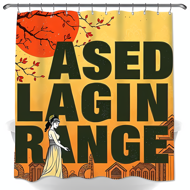 Stunning A LAGIN RANGE Shower Curtain - Bold Green Typography on Vibrant Orange with Elegant Geisha Design