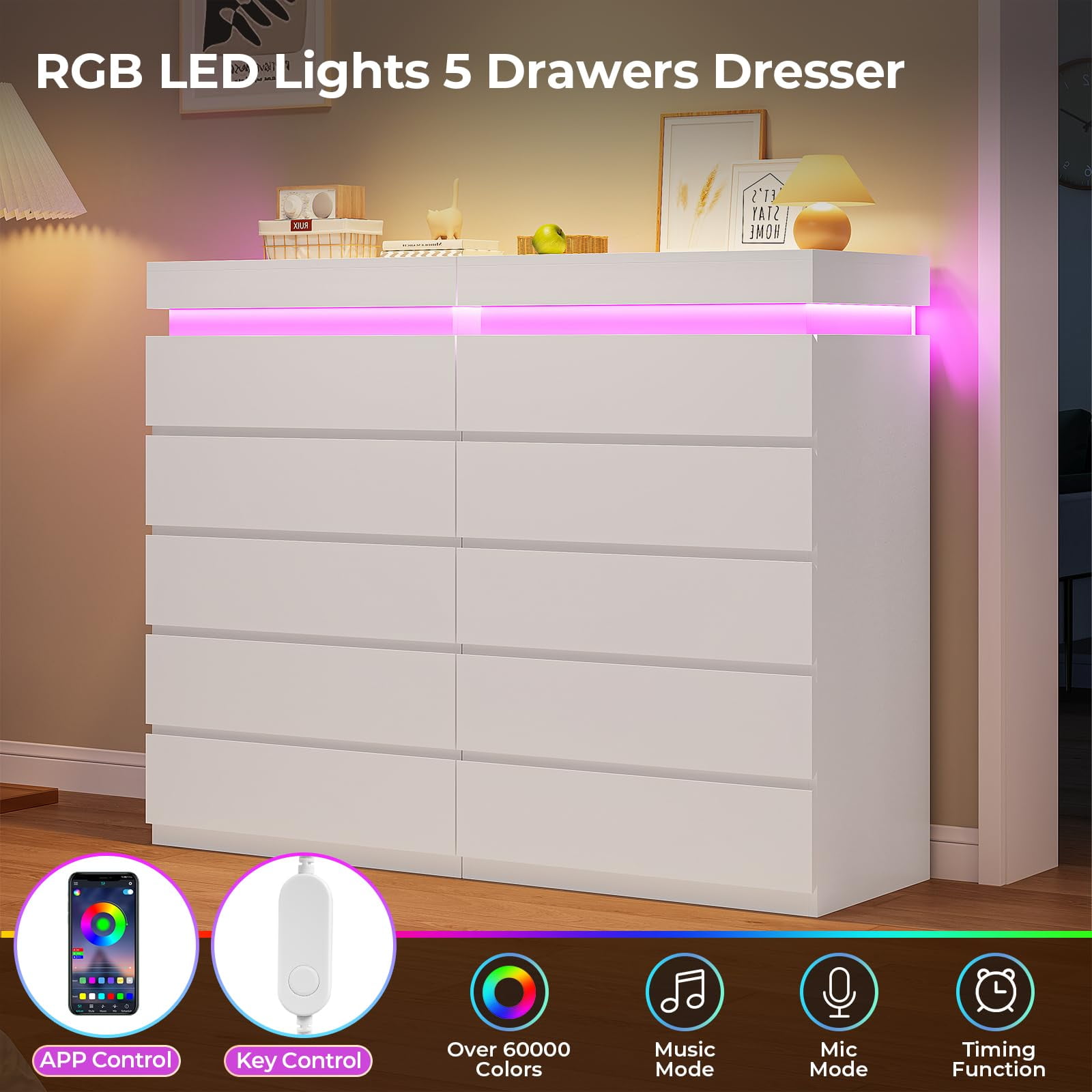 Afuhokles White 5 Drawer Dresser with LED Light, Chest of Drawers for Bedroom, White