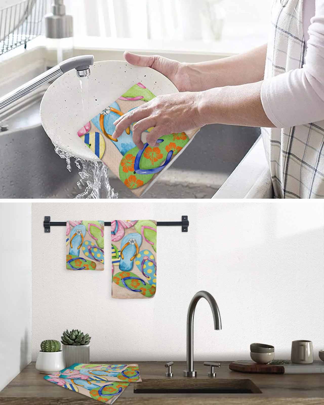 Colorful Flip Flops Dish Towels Set, Waffle Weave Kitchen Towels 3 Pieces, Summer Blue Beach Ocean Microfiber Hair Face Bath Tea Towel Absorbent Quick Drying Cleaning Dish Cloths 12"x12"