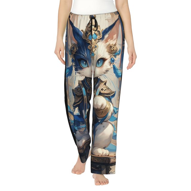 Fotbe Exotic Blue Cat Pantalones de Pijama para Mujer, Pantalones de Dormir, Pantalones Pj con Cordón y Bolsillos-Small