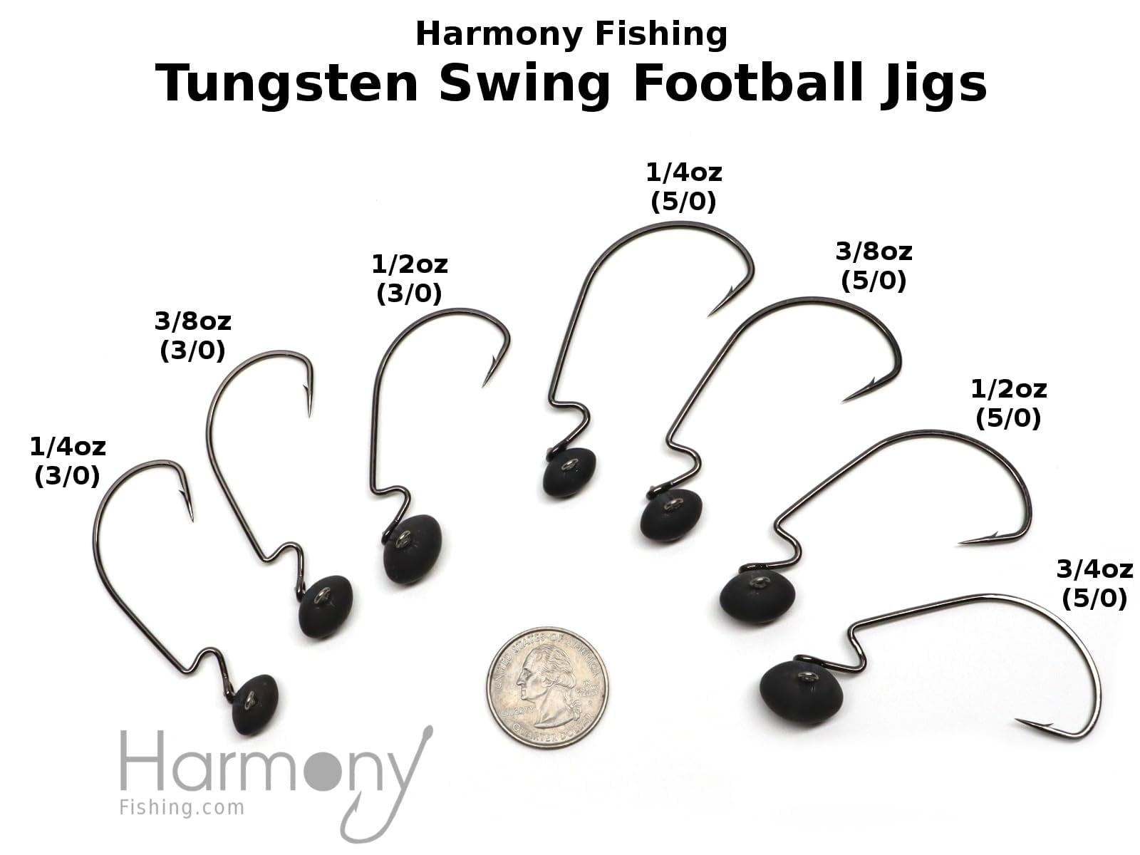 Harmony Fishing - Tungsten Swing Football Jigs [Pack of 3 w/ 10 Bait Pegs] Swinging Football/Rugby jigs with Hooks for bass Fishing 3/4 oz, 5/0 Hook 3 Pack
