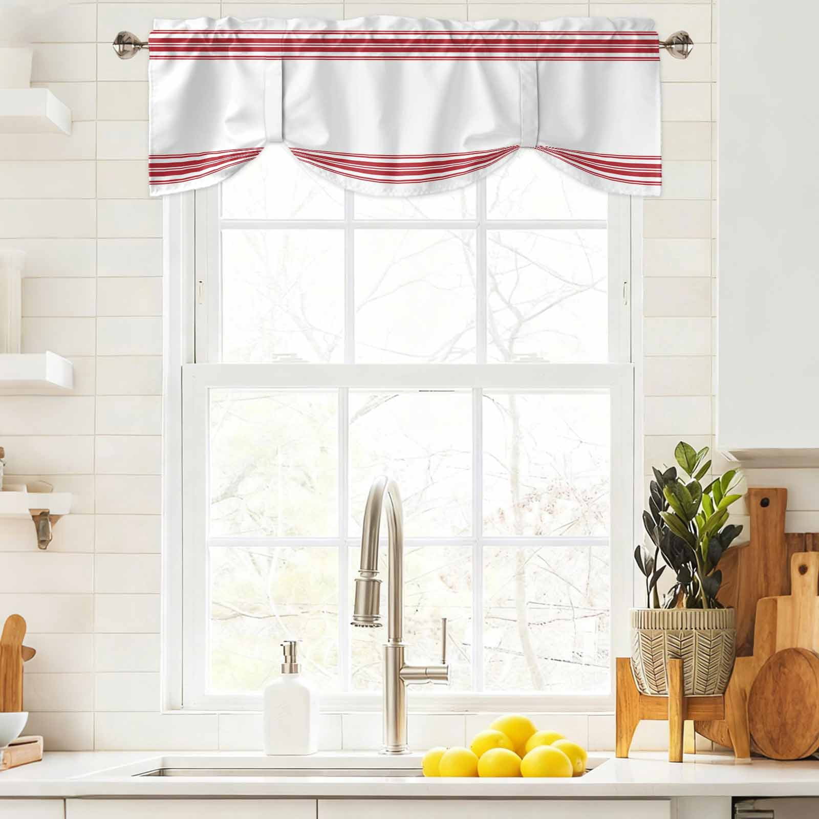 Farmhouse Red Tie Up Valances Curtain, Adjustable Kitchen Stripes Decoration Valances for Windows Decor, Rod Pocket Short Curtains Set for Bedroom/Bathroom, 60"x18"
