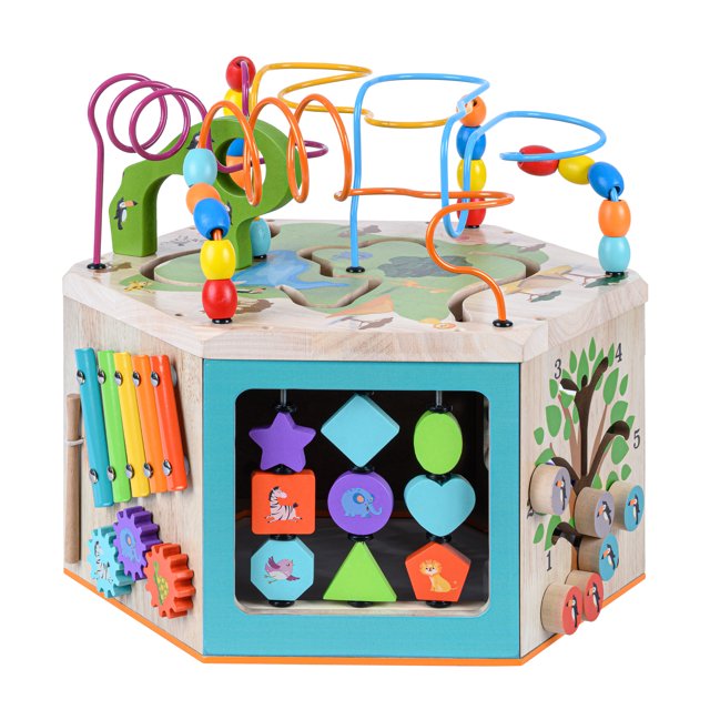 Teamson Kids Preschool 7 in 1 Wooden Activity Cube Puzzle Educational School Toy Durable