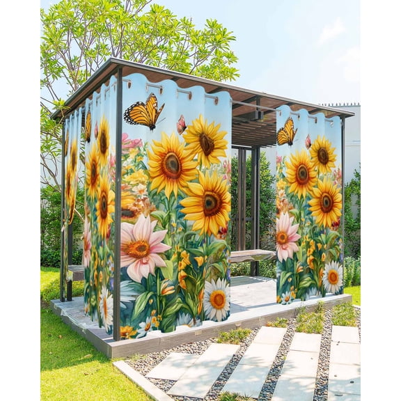 nqOlkjepod Outdoor Curtains for Patio Waterproof, Spring Yellow Sunflower Outdoor Privacy Panels Grommet, Butterfly Floral Daisy Country Blackout Outside Curtains for Porch/Cabana 54"x84", 1 Panel