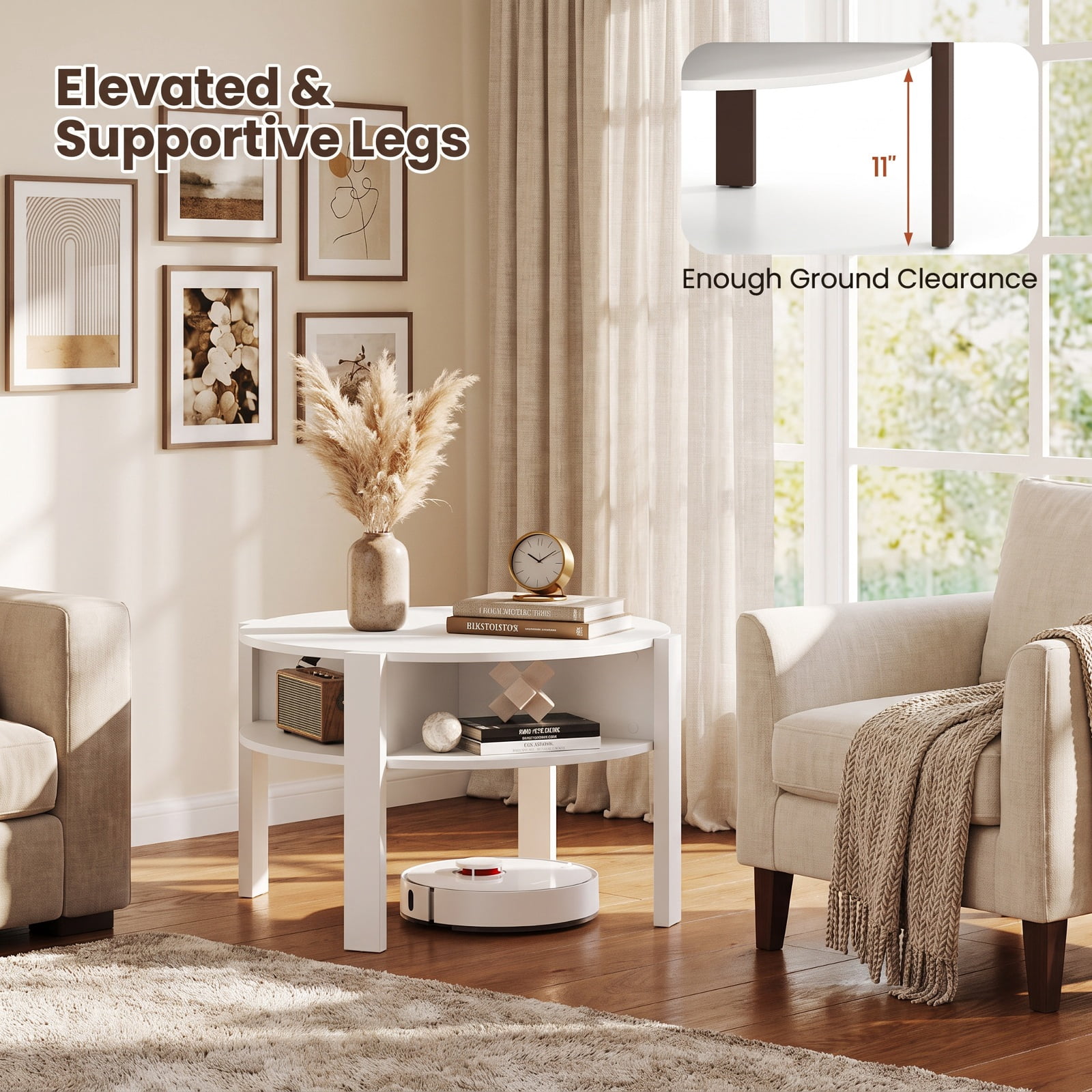 Furnibear 29.5 Inch Round Coffee Table with Side Storage Shelves and Open Base a Compact Living Room Center Table for Small Spaces, White
