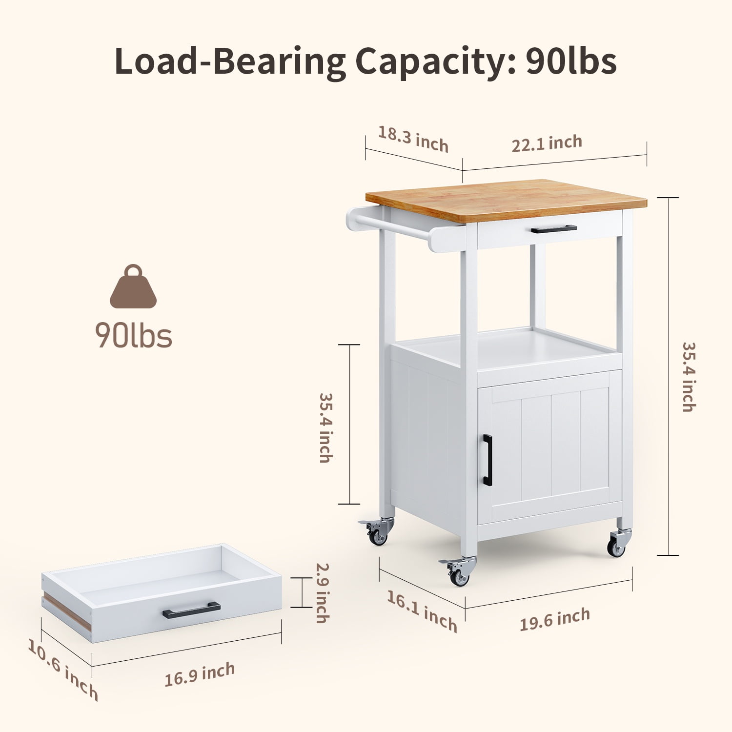 Microwave Stand, Lofka Kitchen Island Cart with Cabinet, Microwave Cart with Storage Drawer, Towel Rack, Hooks, White(Carrito de isla de cocina)