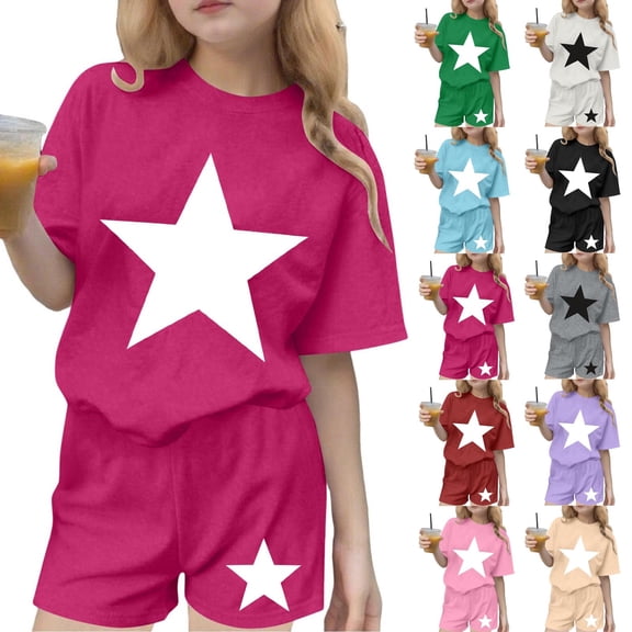Girls Summer Outfits 2 Piece Clothes Solid Color Short Sleeve Top and Casual Short Sets Activewear Blue 5-6Years