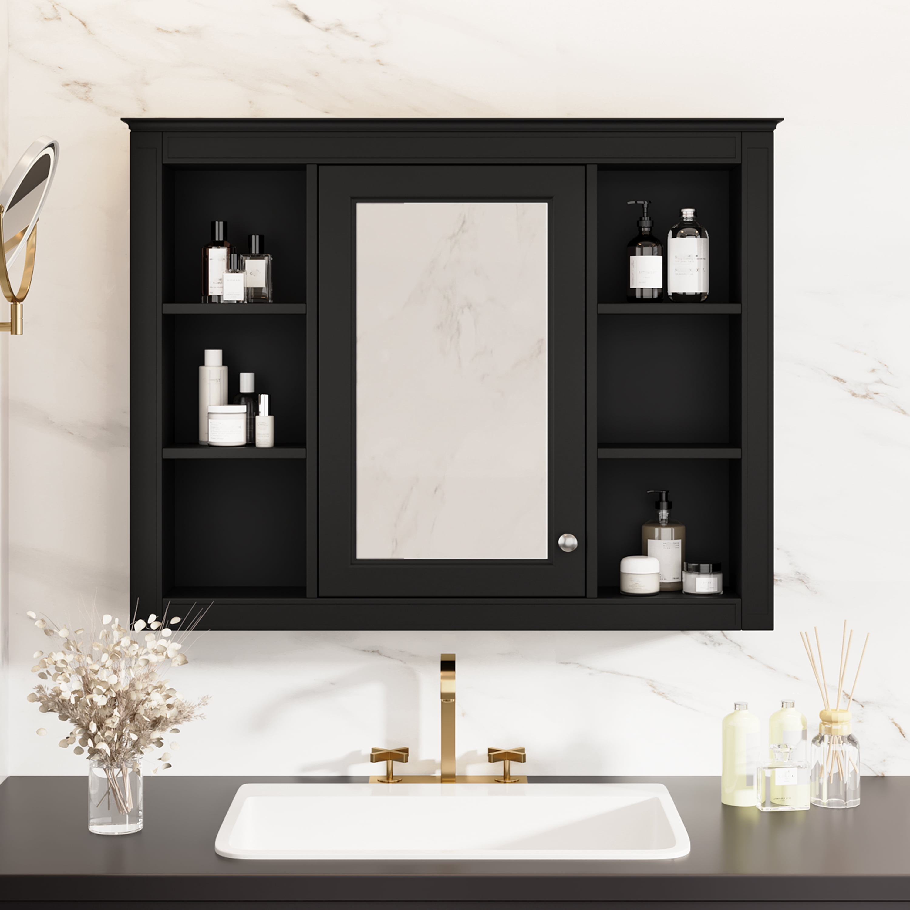 Euroco 35'' x 27.5'' Medicine Cabinet, Wall Mounted Bathroom Storage Cabinet, Modern Bathroom Wall Cabinet with Mirror, Mirror Cabinet with 6 Open Shelves (Not Include Bathroom Vanity )
