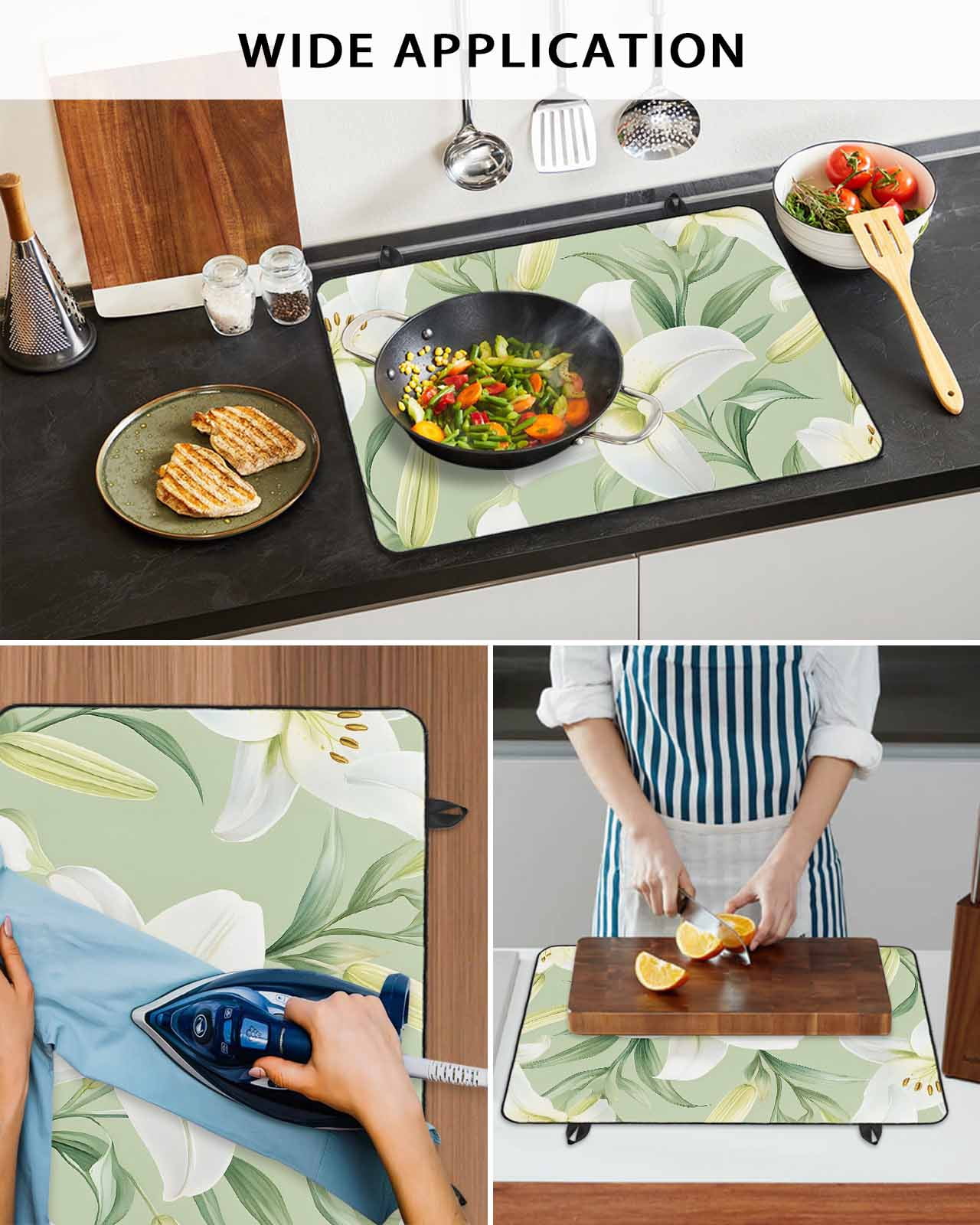nqOlkjepod Large Induction Cooktop Protector Mat 24"x21", Sage Green Flowers Stove Top Covers for Electric Stove, Spring Floral Botanical Watercolor Stove Burner Cover Mats, Glass Top Stove Cover
