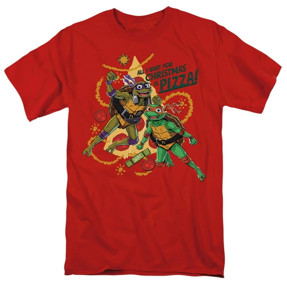 TMNT: Mutant Mayhem Christmas Pizza Michelangelo Donatello Unisex Adult T Shirt, Red, X-Large