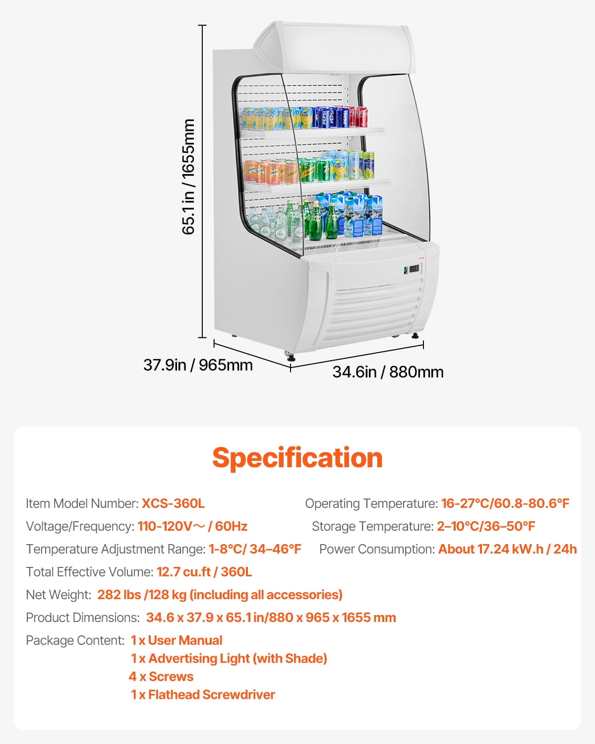 VEVOR Open Air Merchandiser, 2-Tier Shelving Commercial Refrigerator, Grab and Go Display Cooler Refrigerator with Air Curtain, LED Advertising Light, Fits for Restaurants, Stores, Office, 12.7cu.ft.