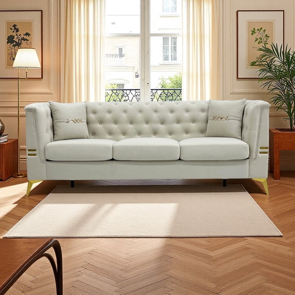 82.67" Cream White Tufted Velvet Sofa with Gold Legs - 3-Seater Chesterfield Style Couch for Living Room & Apartment, Includes 2 Pillows, Mid-Century Modern Glam