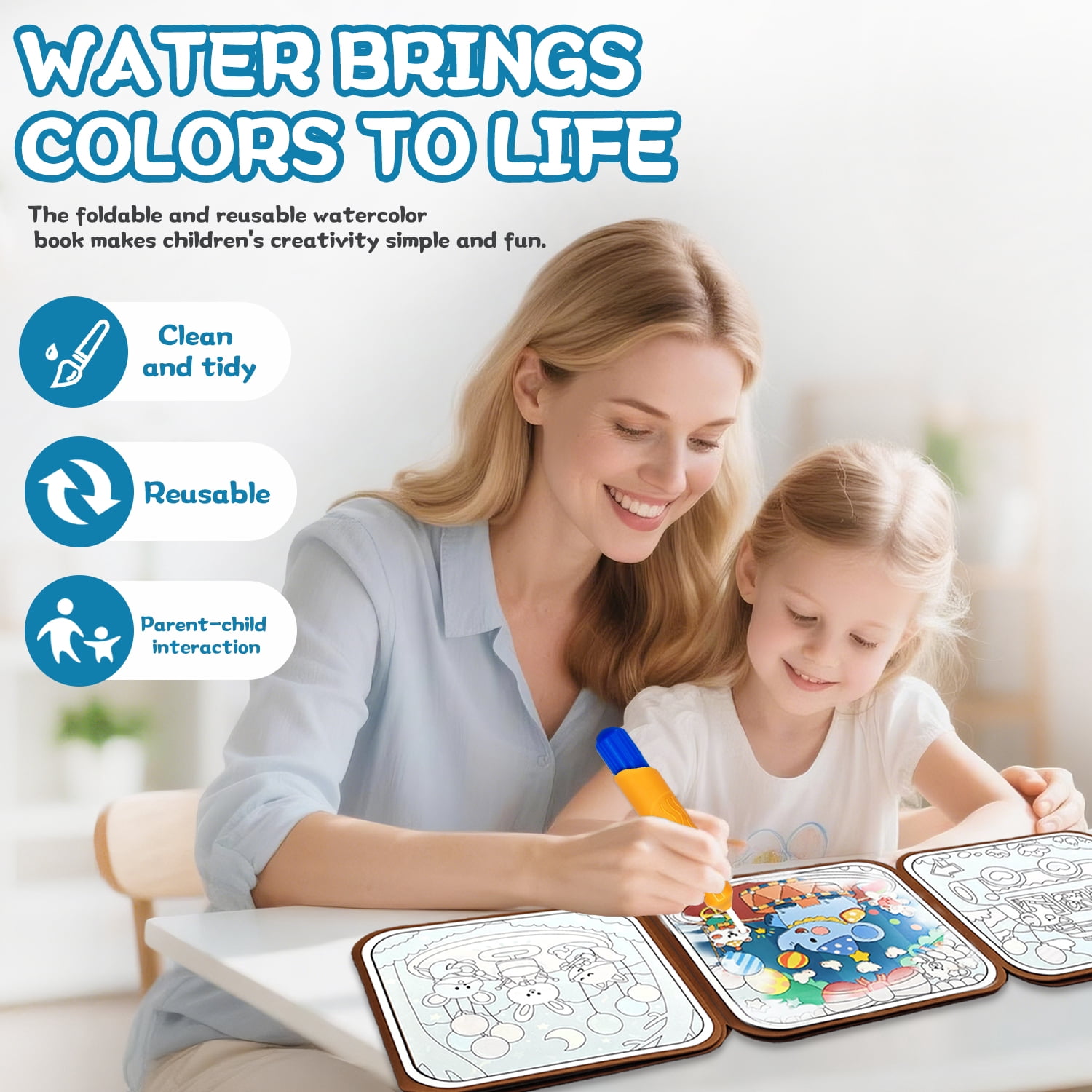 NaTuGi Reusable Water Painting Books for Kids，with 4 Water pens 4 Themes，No Mess Paint Coloring，for Ages 3+，Gift for Boys & Girls，Kids Travel Activity Toys (4 Books)