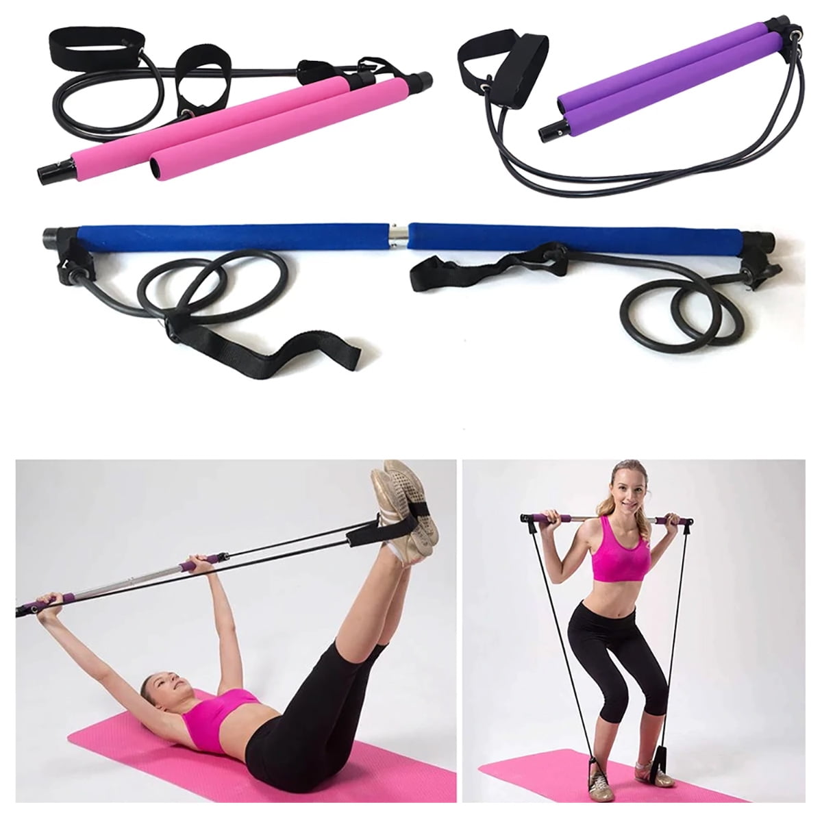 Portable Pilates Bar Kit with Resistance Band Pilates Exercise Stickt Yoga Mat 