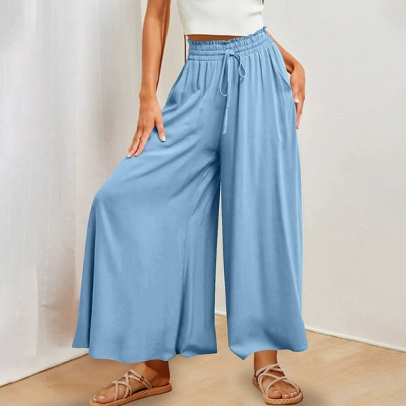 jtjvou Linen Palazzo Pants for Women Dressy Summer Wide Leg Flowy Pants Boho Linen Beach Trousers with Pockets Blue XXL