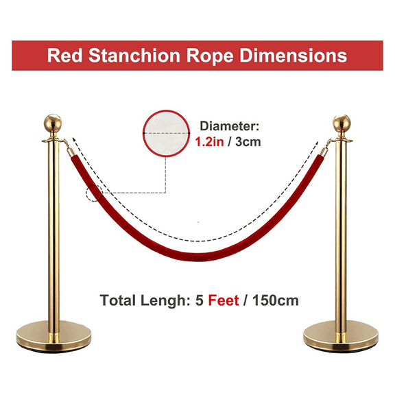 2 Pack Velvet Stanchion Rope with Gold Hooks, Crowd Control Rope Safety Barrier Red Carpet Decoration, 5 Feet Red