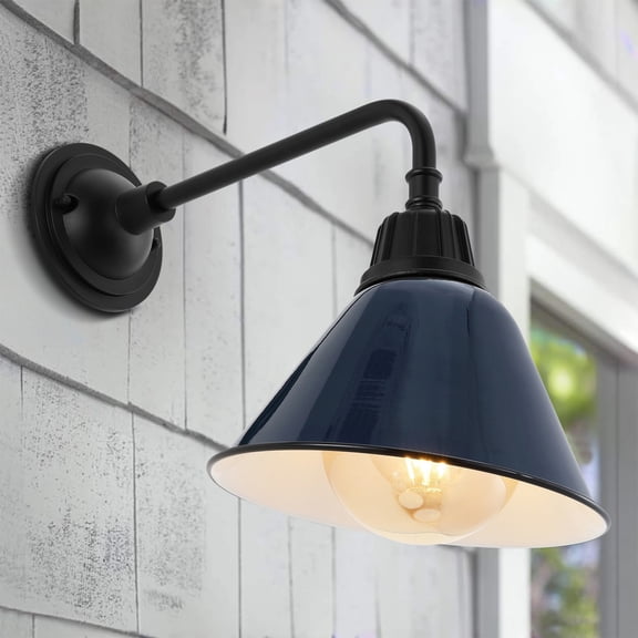 JONATHAN Y Croydon 9.63" 1-Light Farmhouse Industrial Indoor/Outdoor Iron LED Gooseneck Arm Outdoor Sconce, Navy