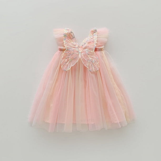 Vestido de niña de malla con alas de arcoíris y mangas voladoras, vestido de princesa para bebé de verano, falda con entretela