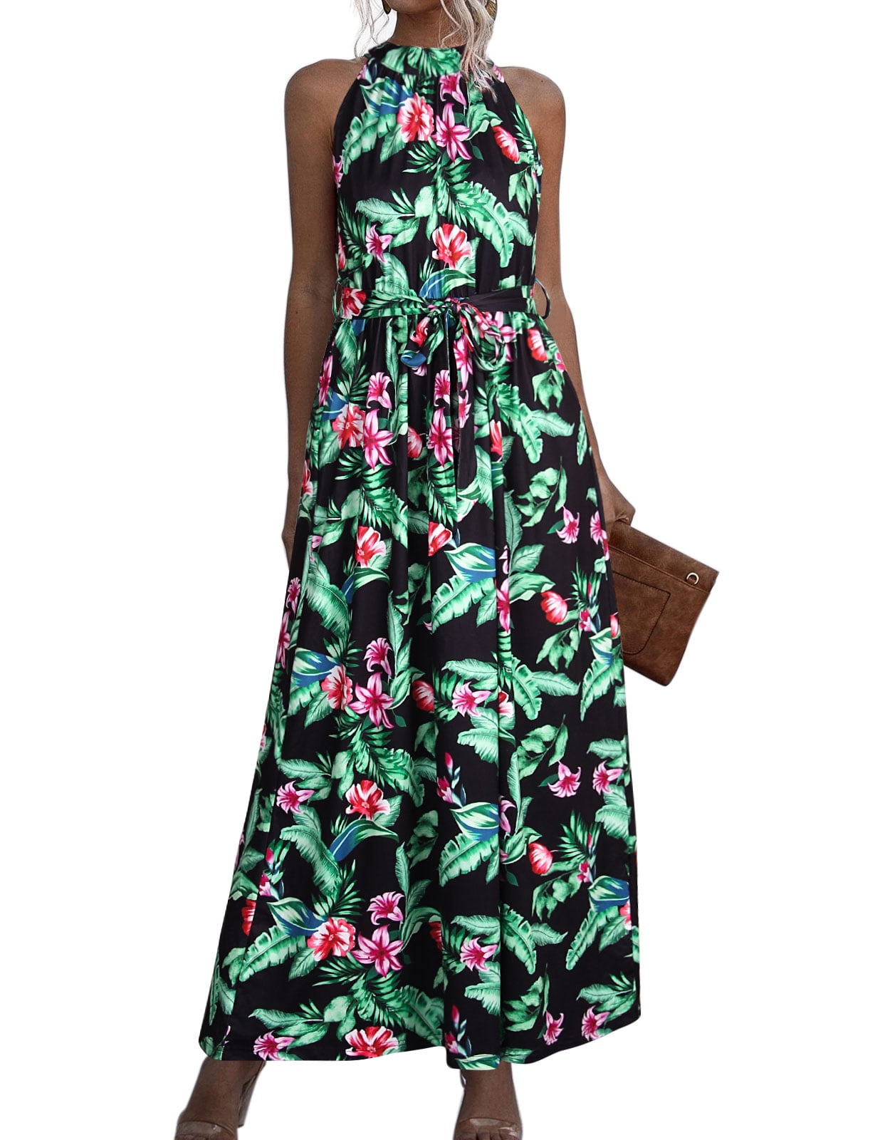 Summer Dresses for Women Tropical Leaf Print Maxi Dress Halter