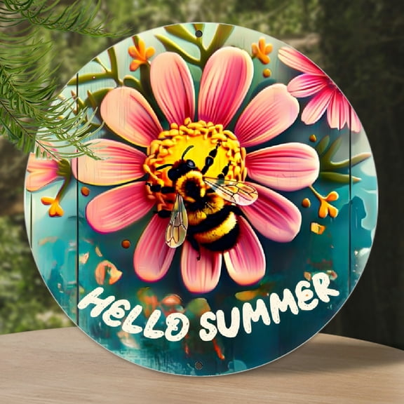 1pc 8x8 inch Aluminum 'Hello Summer' Bee-Themed Round Sign - Perfect for Door And Wall Decor | Ideal Gift for Women | Farmhouse & Porch Accent