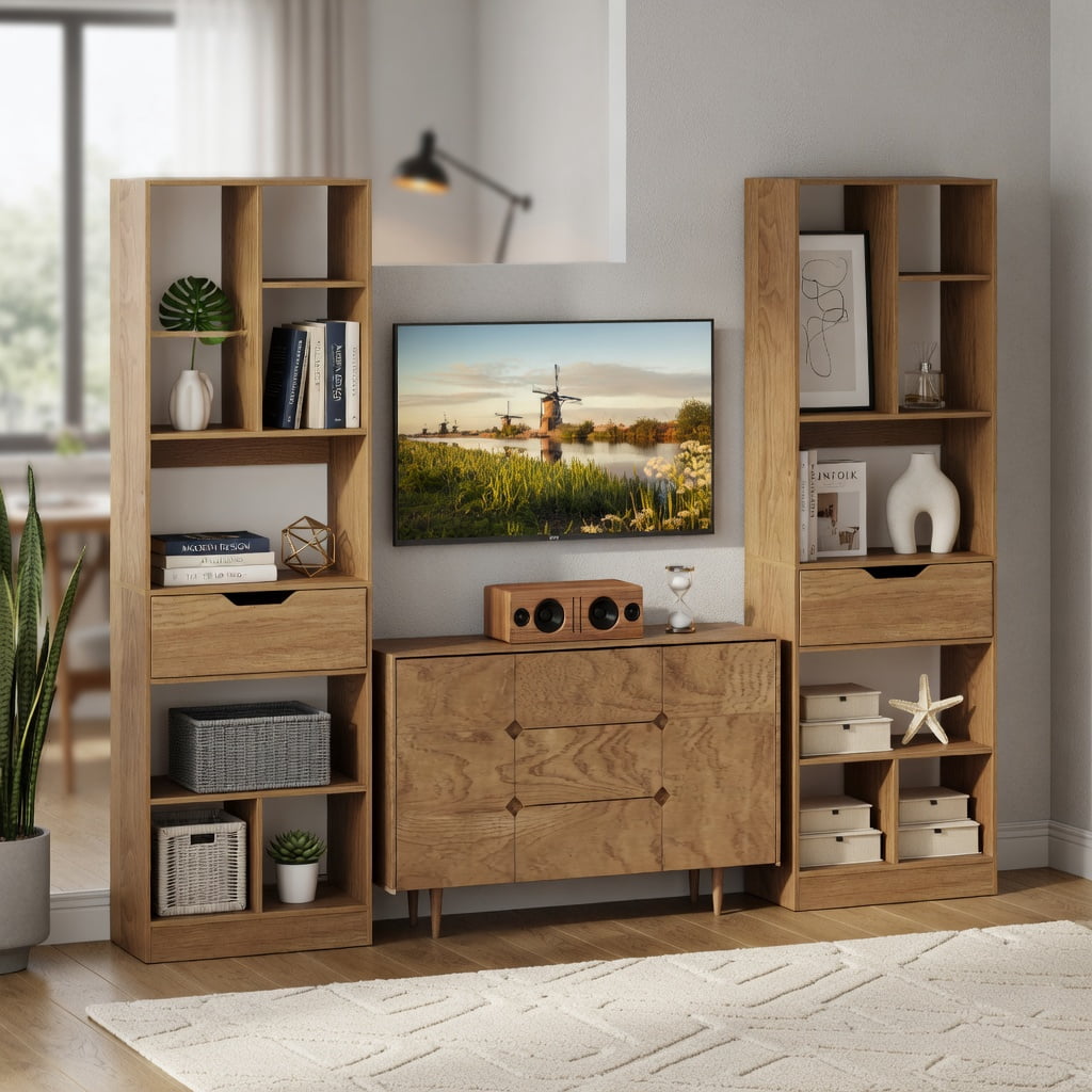 GVN 61inch Tall Freestanding Bookcase 8-Cube Storage Organizer with Drawer Multi-Use Open Shelves for Home Office Study Living Room Books Decor Display, Natural