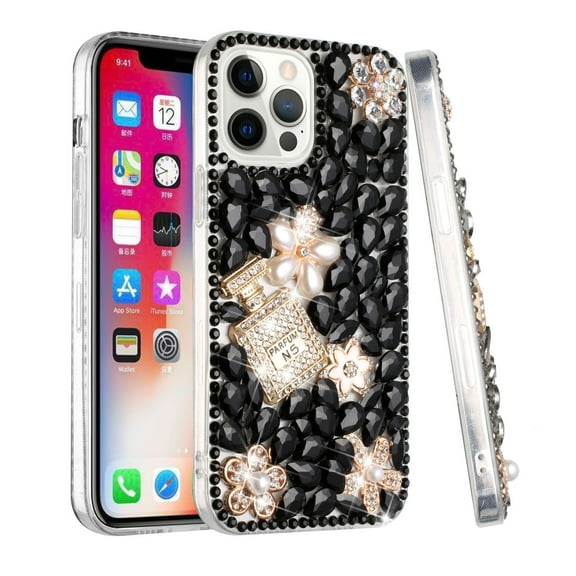For Apple iPhone 14 Pro Max (6.7") Bling Crystal 3D Full Diamond Luxury Transparent Rhinestone Hybrid Cover ,Xpm Phone Case [ Black Pearl Flowers Perfume ]
