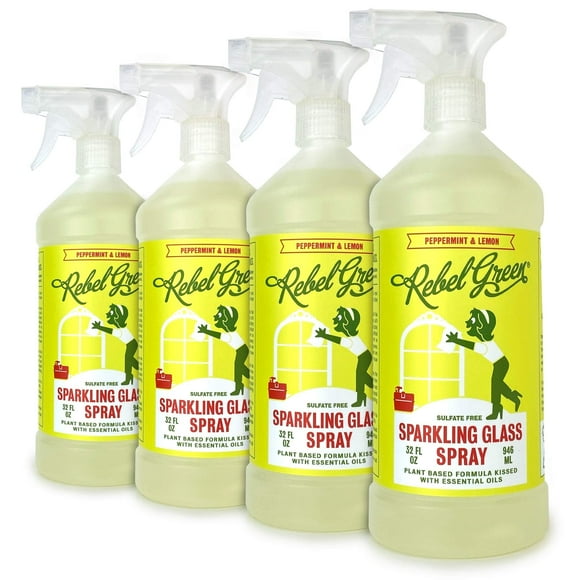 Rebel Green Sparkling Glass Cleaner - Streak Free Glass Cleaner Spray - Natural Glass & Surface Spray for Windows, Mirrors, & More - Scented with Peppermint & Lemon - (32 Ounce Bottles, 4 Pack)