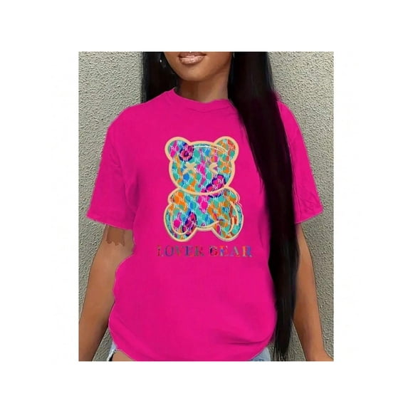 Playera Blusa Casual Con Impresion De Oso Multicolor Para Mujer Color Fucsia Talla Grande Marca Emil SaEs