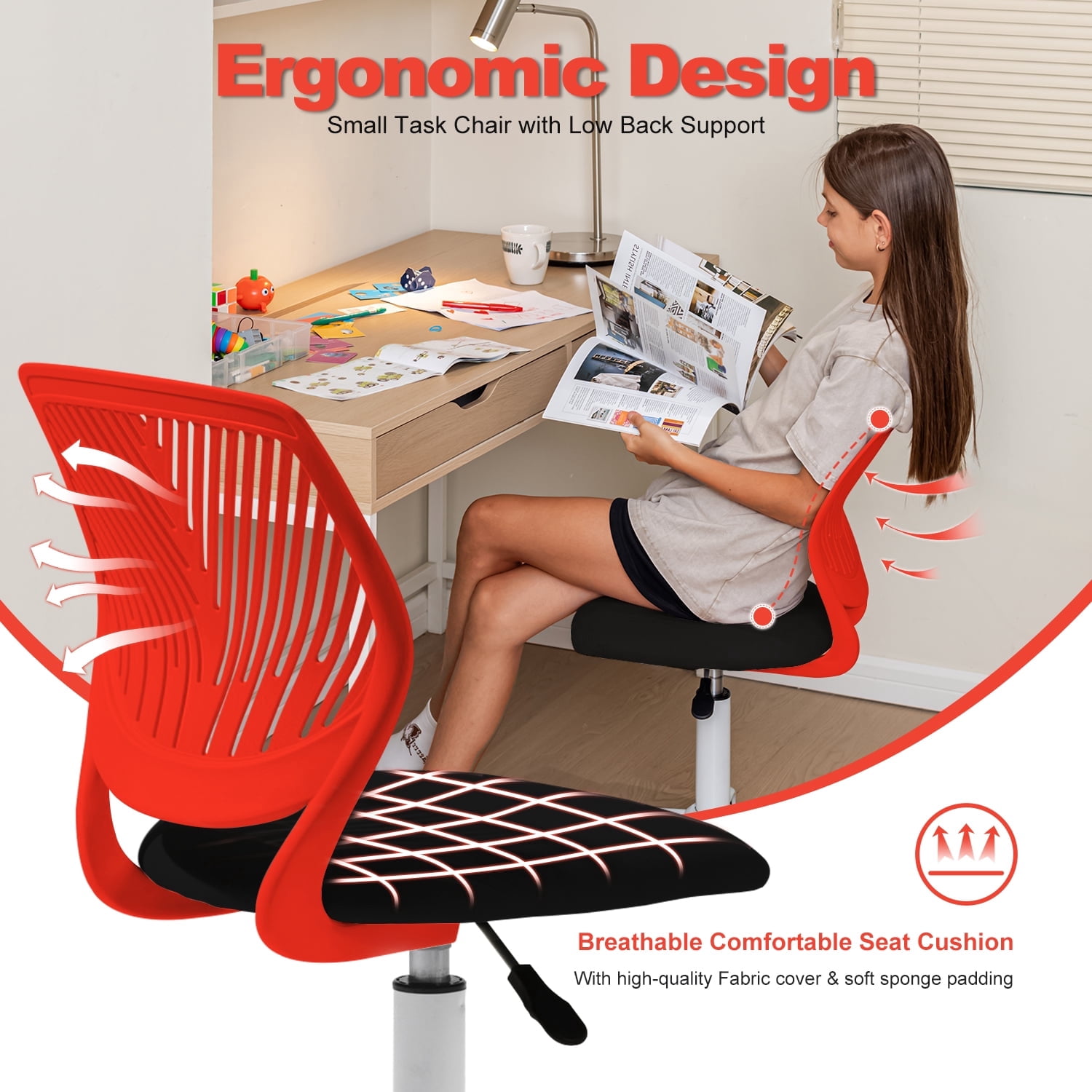 Homy Casa Adjustable Teen Desk Chair with Wheels, Swivel Task Chair with Mesh Back, Crimson & Black