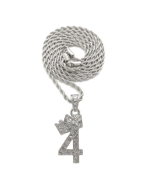 Stone Stud Tilted Crown Number Micro Pendant with 2mm Rope Chain Necklace, #4/Silver-Tone/30"