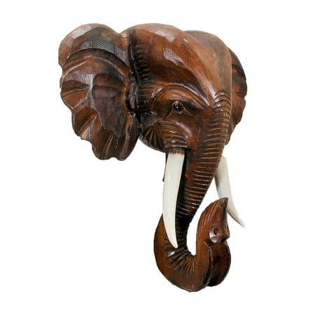 20 Inch Geared Head - Hand Carved Elephant Head Wooden Wall Hanging 20 Inches High