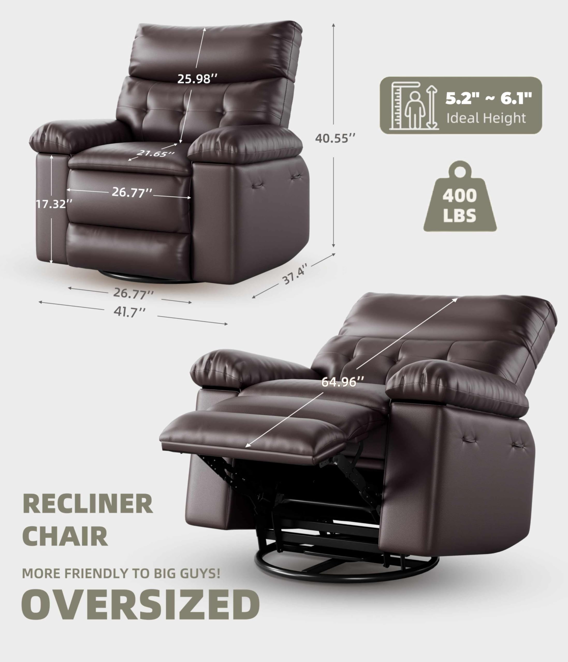 Oversized Rocker Recliner for Adults, Nursery Glider Recliner with Massage and Heating, Rocking Chair with 1.5X Sponge Comfort Arm and Back, Side Pockets, PU Leather Manual Recliner Chair