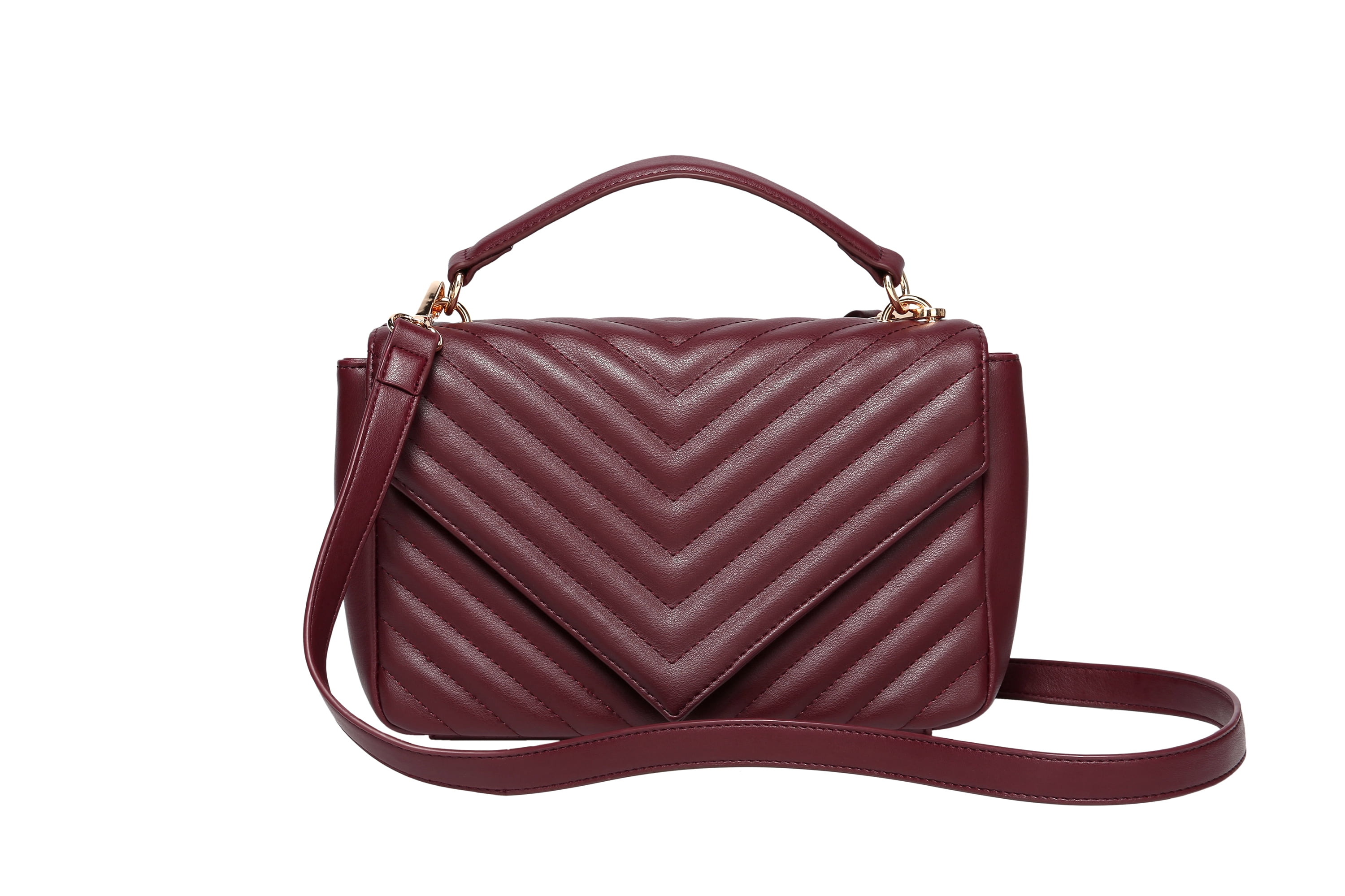 Daisy Rose Quilted Top handle Shoulder Cross body bag - PU Vegan Leather - Burgundy
