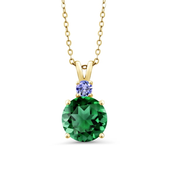 Gem Stone King 18K Yellow Gold Plated Silver Green Nano Emerald and Blue Tanzanite Pendant Necklace for Women (3.64 Cttw, Gemstone May Birthstone, Round 10MM, With 18 inch Chain)