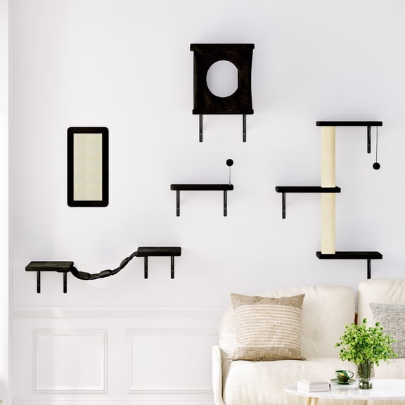 LHBCraft Cat Wall Shelves, 5Pc Wall-Mounted Cat Furniture, Cat Wall Shelves Cat Climber, Floating Cat Perch, Bridge, Cat Tree, Cat House, Modern Cat Furniture for Kitten, Black