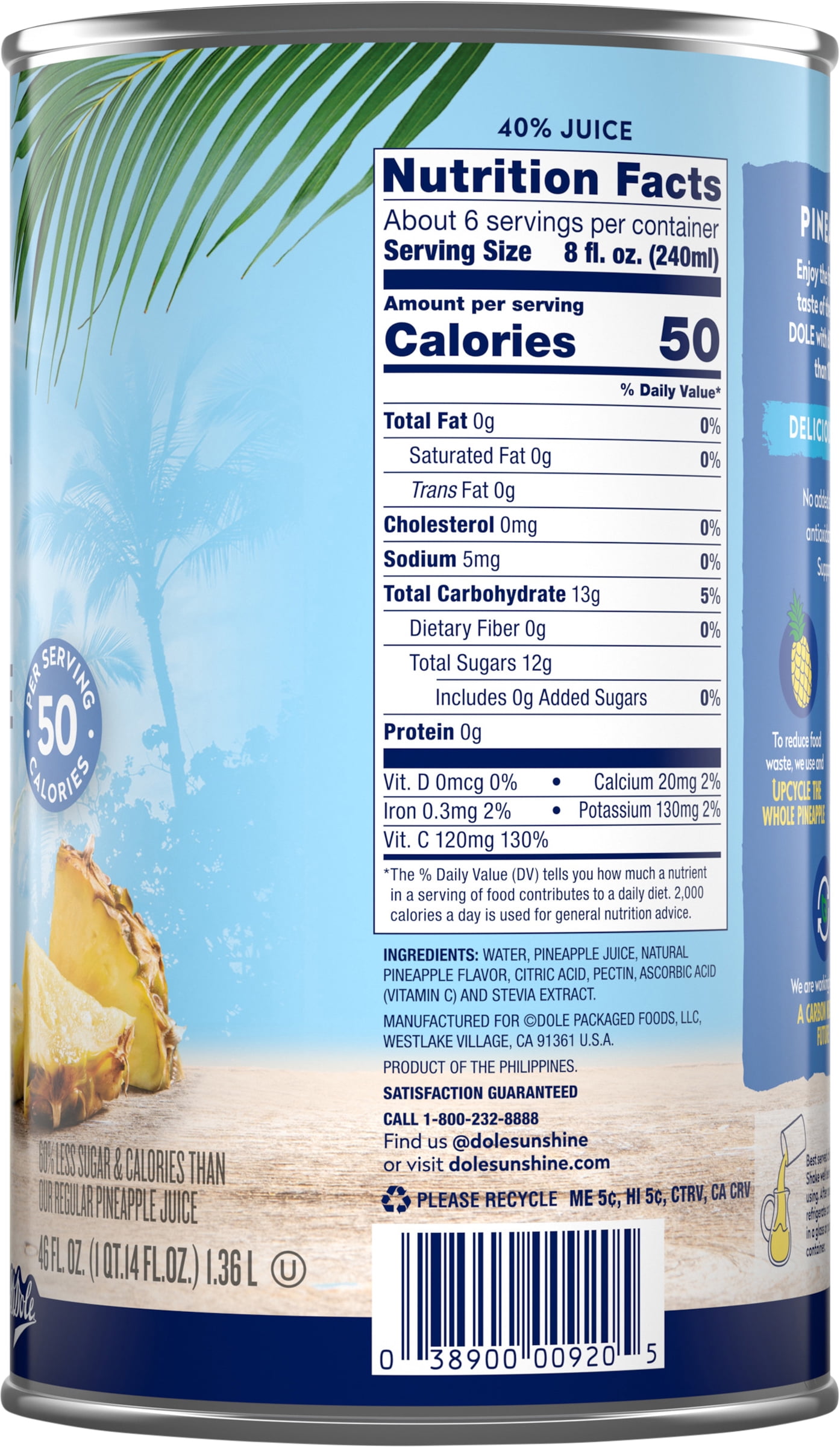 (6 pack) Dole Light Pineapple Juice Drink with No Added Sugar^^, 46 fl oz Can