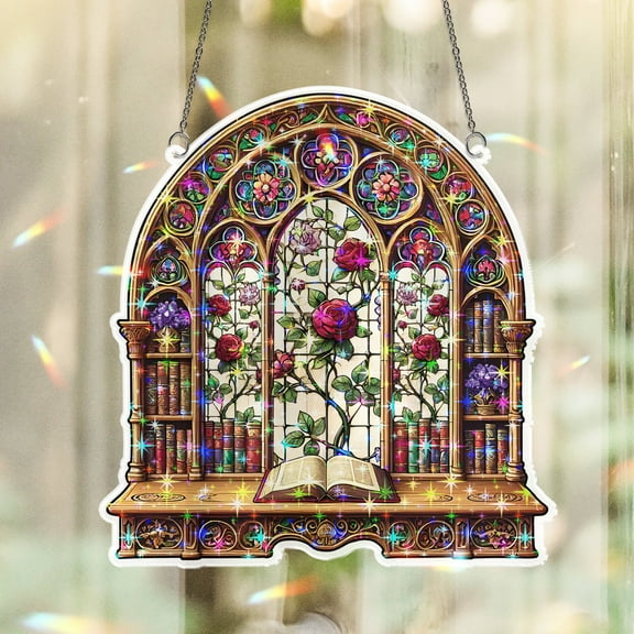 Lotusprinthandmade Library Bookshelf Custom Shape Broken Glass Hologram Ornament 3.5in, Pig Animal Hologram Ornament, bookshelf 3d hanging decor, book lovers ornament