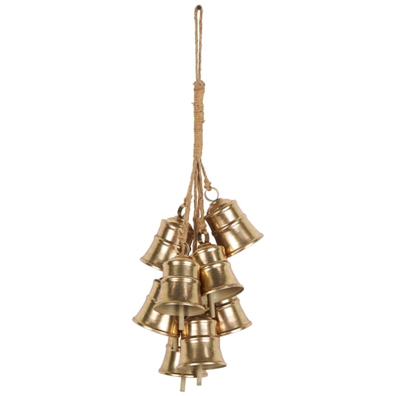 DecMode Tibetan Inspired Cascading Cluster Gold Metal Cluster Decorative Bells with 8 Bells on Jute Hanging Rope