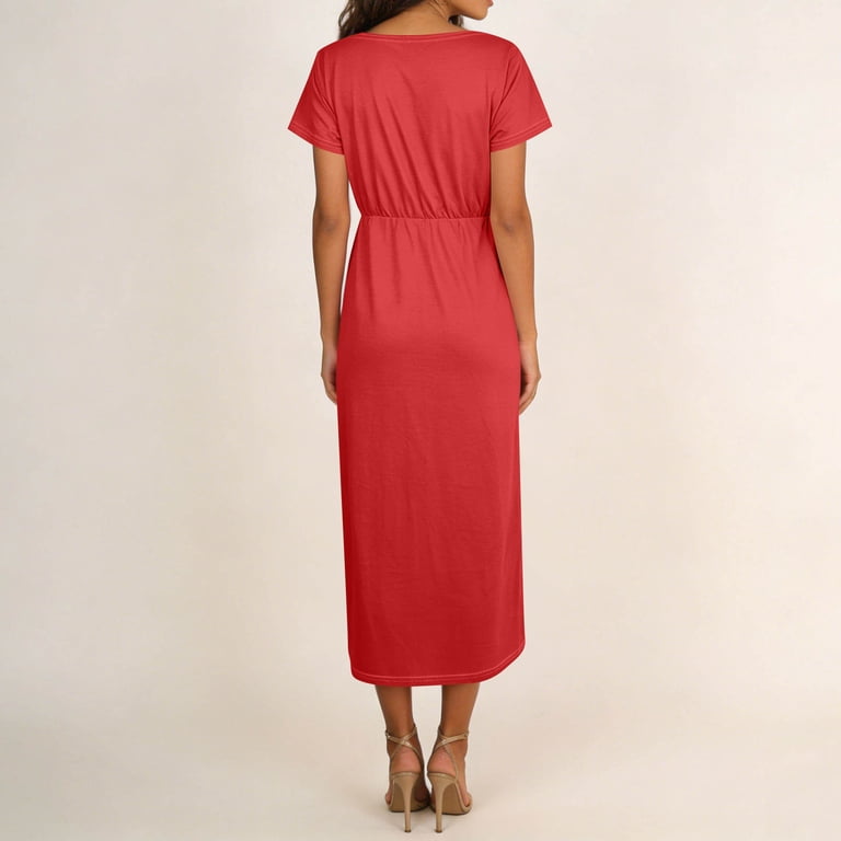 Jtjvou Women's V Neck Short Sleeve Wrap Maxi Dress High Low Asymmetrical Hem Flowy Dress Summer Casual Beach Wedding Guest Dress Red L, Size: Large