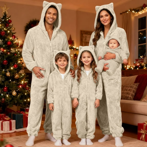 ZHOGXU Family Matching Fuzzy Hooded Pajamas Long Sleeve Solid Color Zipper Thickened Warm Photoshoot Holiday Jumpsuits Romper Dad-Beige L