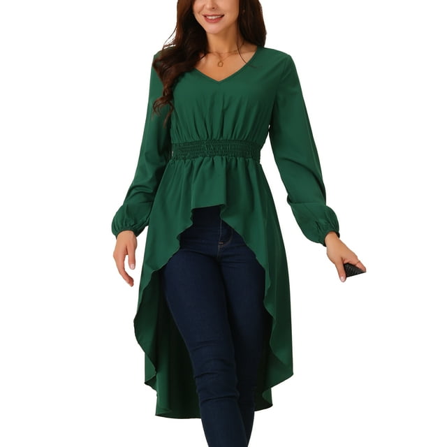 Tops de mujer INSPIRE CHIC de largo irregular con mangas largas, escote en V, cintura elástica, asimétrico, dobladillo irregular, blusa casual