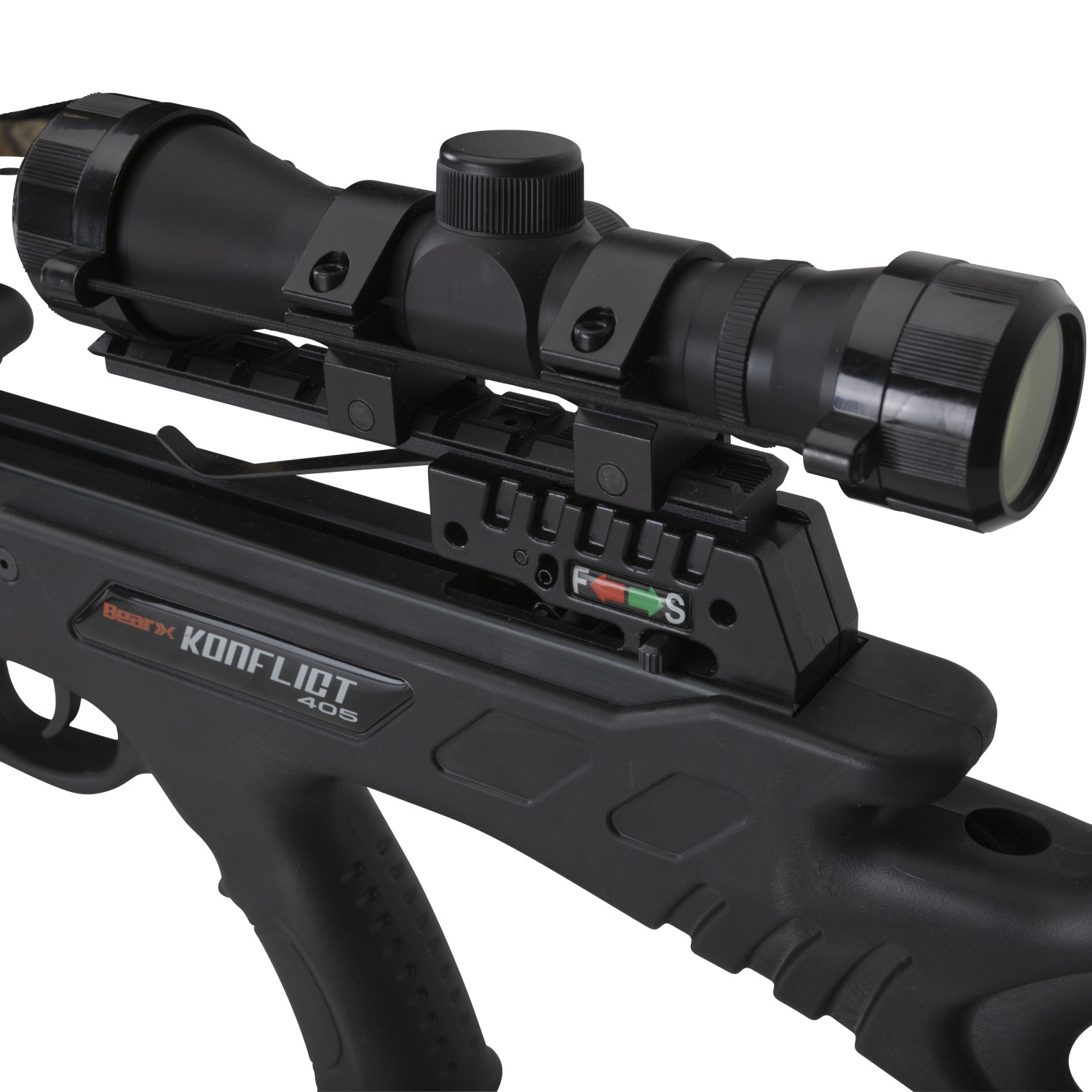 Bear X Konflict 405 FPS Crossbows with 32 multi cross-hair reticle & 5 Arrow Quiver (Multicolor)