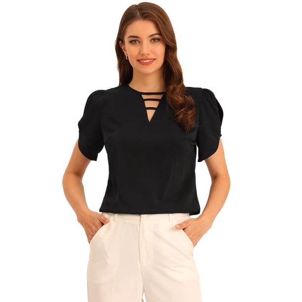 Camisa casual de manga corta con cuello redondo recortado para mujer Negro XS